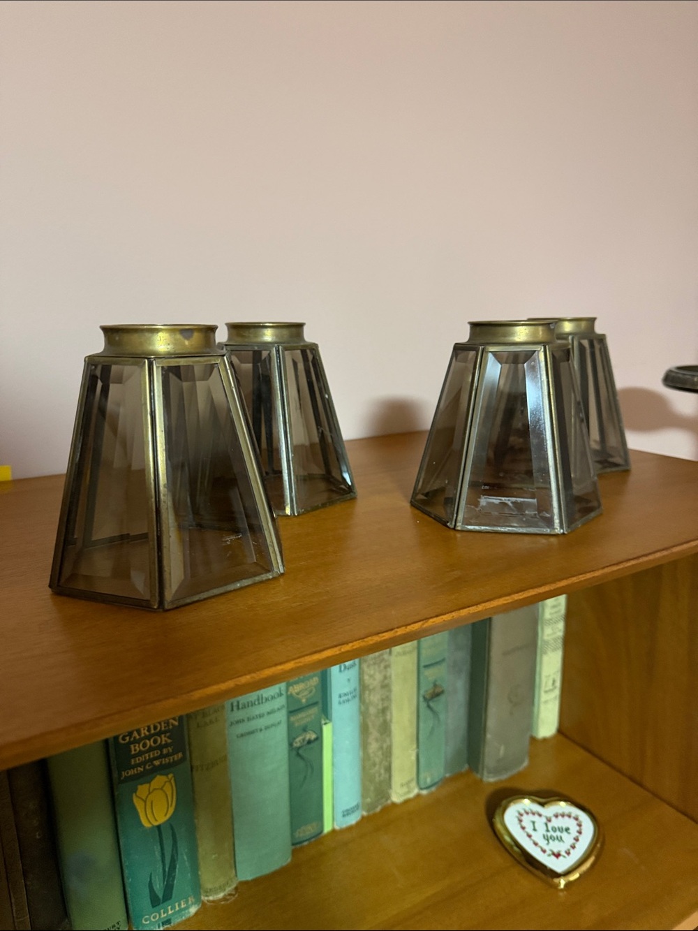 Vintage brass and smoky, beveled glass lamp shades-set if 4